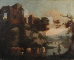 A Drover With Cattle By Ruins