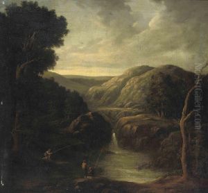 A Wooded River Landscape With Anglers By A Waterfall