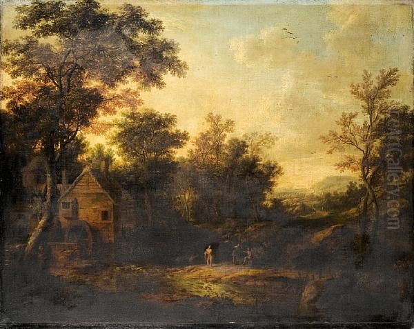 A Wooded Landscape With Figures Bathing In A River Near A Mill - view 1