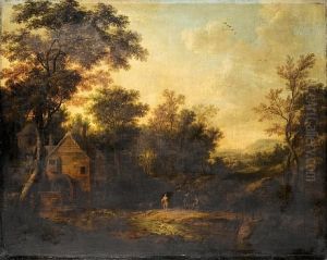 A Wooded Landscape With Figures Bathing In A River Near A Mill by George Lambert