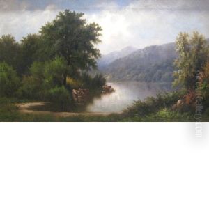 River Landscape With Wading Cows River Landscape With Wading Cows