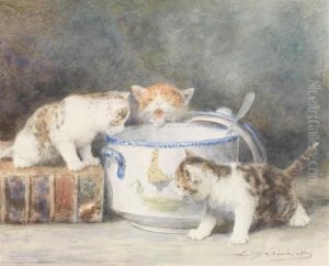 Trois Chatons Autour Du Pot De Lait by Louis Eugene Lambert
