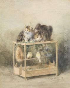 La Cage Des Canaris Guettee Par Les Chats by Louis Eugene Lambert