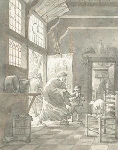 A Kitchen Interior With An Old Woman And A Young Boy Entering By The Door; A Courtyard, A Pair