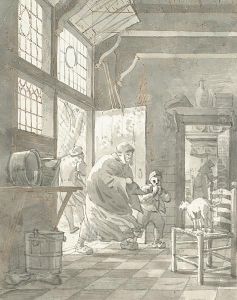 A Kitchen Interior With An Old Woman And A Young Boy Entering By The Door; A Courtyard by Gerrit Lamberts