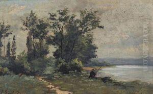 Flussuferpartie Mit Angler by Emile Charles Lambinet