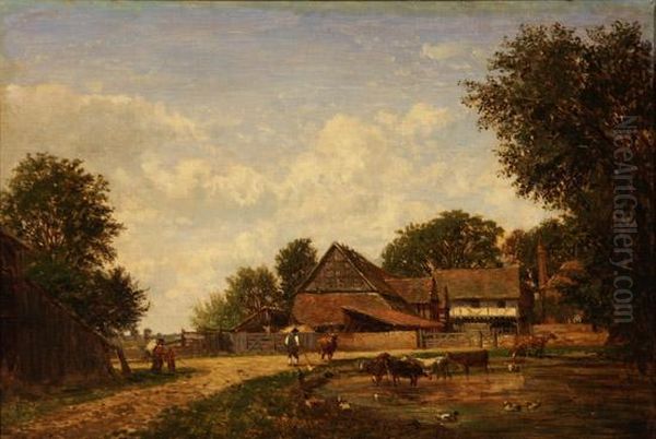 Barnyard Scene With Farmers And Cows - view 1
