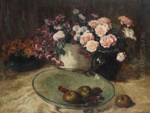 Stilleven Met Bloemen En Fruitschaal by Emile Lambrechts
