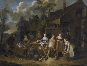 An Elegant Company In A Landscape Amongst Different Fruits And Vegetables, A Man With A Wheelbarrow Entering From The Left by Jan Baptist Lambrechts
