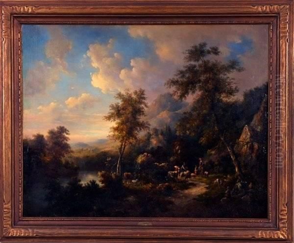 Expansive Landscape With Figures Leading Cattle And Sheep - view 1