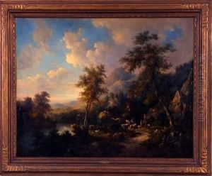 Expansive Landscape With Figures Leading Cattle And Sheep by Johannes Melis Lameer