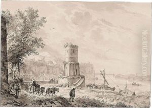 Southern Harbour Scene, With Merchants And Boats By An Old Tower Southern Harbour Scene, With Merchants And Boats By An Old Tower