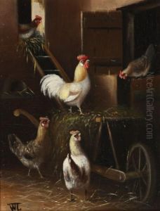"stalinterieur Met Kippen En Eenhaan Bij Een Kruiwagen", Gesigneerd L.o.: W.l.