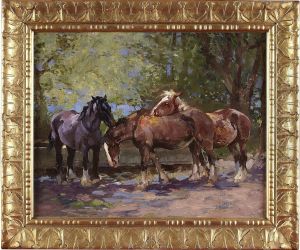 Horses By A Water Trough by William Bradley Lamond