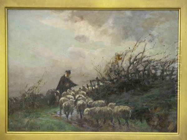 Shepherd And Flock Ona Storm Lashed Byeway - view 1