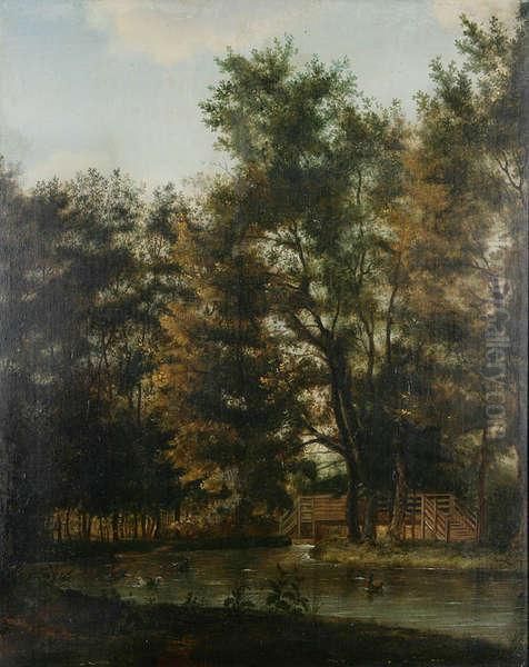 Parkgezicht Met Eendjes Bij Houten Brug. - view 1