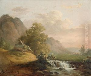 Mountainous Landscape With House Near A Waterfall by Jean-Pierre-Francois Lamoriniere