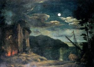 Zatoka Morska Z Lodzia Zaglowa W Swietle Ksiezyca by Franciszek Lampi