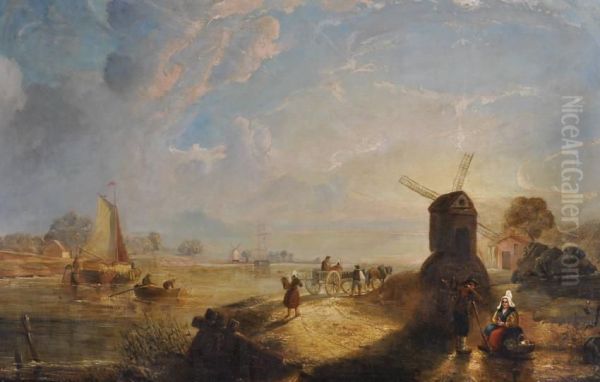 Busy Dutch River Landscape At Sunset - view 1