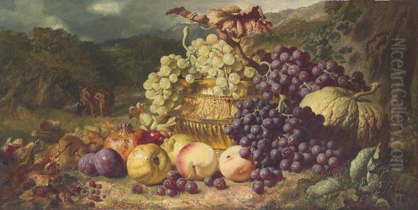 Grapes In A Gilded Basin With Peaches, Plums, Apples, Pears, Figs,blackberries, Hazlenuts, A Pomegranate And A Gourd, In A Landscapewith A Hunting Party Beyond - view 1