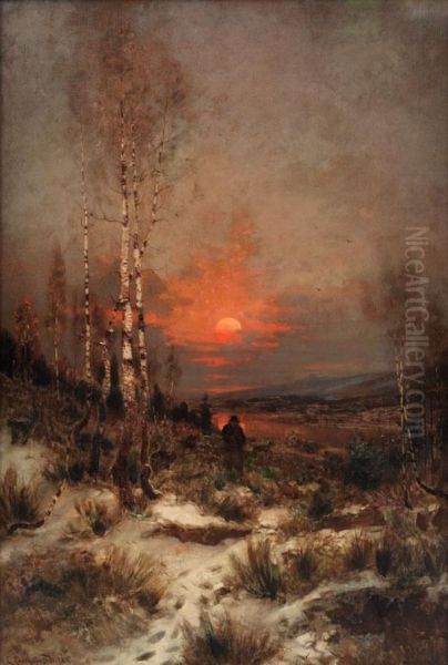 Abendliche Winterlandschaft Mit Einem Jager by Ludwig Lanckow