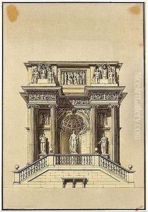 Design For A Classical Monument With Statues, Central Niche, Four Ionic Columns, And Elaborate Architrave by Paolo Landriani