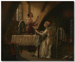 Interior Scene With A Seated Lady And Maid At A Dressing Table With Mirror And Jewellery by Charles Landseer