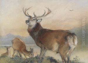 A Stag And Two Hinds Before A Loch by Sir Edwin Henry Landseer