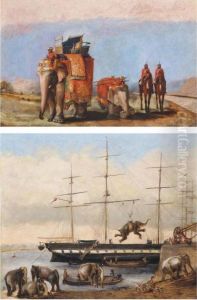 Elephants With Indian Military Figures Being Readied For A Procession by George Landseer