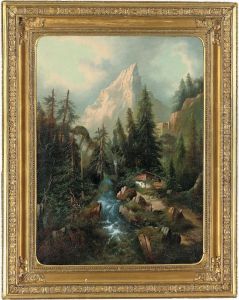 A Cottage By A Waterfall, The Matterhorn Beyond by Albert Lang