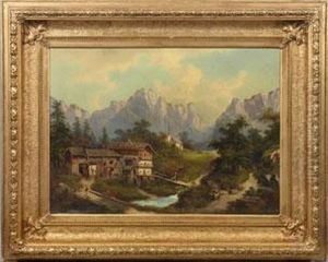 Hochalpenlandschaft Mit Gehoft Und Kapelle by August Lang