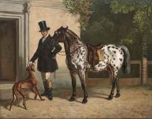 A Huntsman With His Dog And A Piebald Pony by H.F. Lang