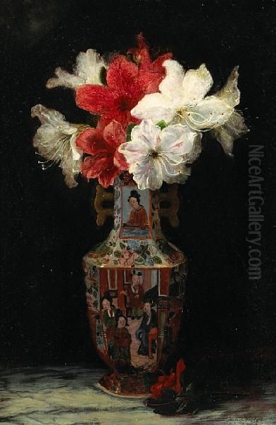 A Still Life Of Flowers In An Cantonese Enamelled Vase - view 1