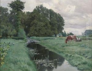 Cows Grazing By A Waterway by Fritz Lange
