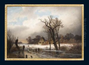 Romantische Verschneite Dorflandschaft by Gustav Johann Lange