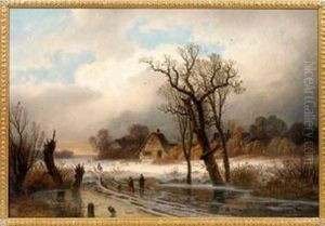 Winterliche Treibjagd Am Dorfrand by Gustav Johann Lange