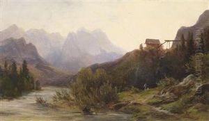River Scenery With Human And Animal Figures by Julius Lange