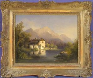 Wascherin Vor Einem Haus Am Seeufer In Sommerlicher Berglandschaft by Julius Lange
