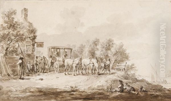 Figures By A Carriage In Front Of Aninn - view 1
