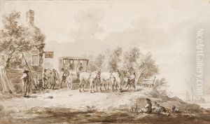 Figures By A Carriage In Front Of Aninn by Dirck Langendijk