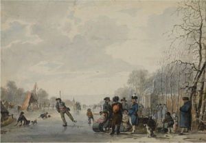 Many Skaters On The Ice, A 'koek En Zopie' In The Distance by Jan Anthonie Langendijk