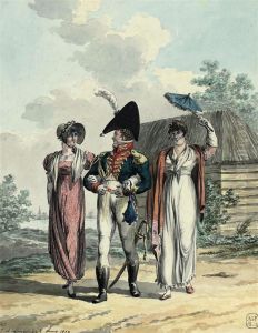 A Soldier Accompanying Two Elegant Ladies On A Walk by Jan Anthonie Langendijk