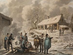 Winter Scene, With Soldiers Resting By Afarm by Jan Anthonie Langendijk