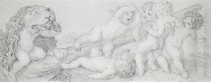 Sechs Mit Der Keule Des Herkules Und Dem Lowenfell Spielende Kinder by Johann Josef Fr. Langenhoffel