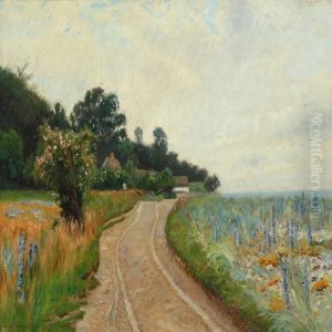 Summer Landscape With Farm And Flowering Fields by Olaf Viggo Peter Langer