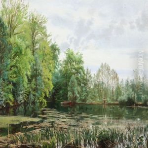A Forest Lake In Hellebaek, Denmark by Olaf Viggo Peter Langer