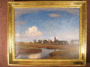 Weite Landschaft Mit Flusslauf Unter Blauem Himmel Mit Kumuluswolken by Carl Langhammer