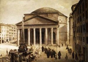 Ansicht Des Pantheons In Rom Mit Einer Prozession Im Vordergrund by Josef Langl