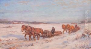 Hastar Med Timmeforor I Vinterlandskap by Alexander Langlet