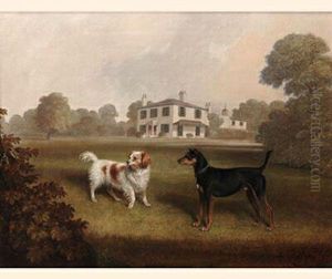 A Spaniel And A Black-tan Terrier In The Grounds Of A Countryhouse